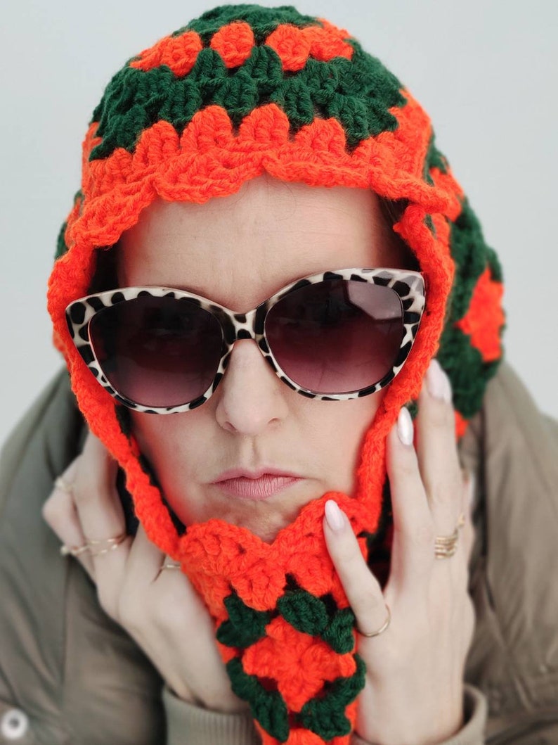 Womens balaclava, womens knitted winter hat, womens crochet helmet, womens orange green handmade winter hat, head mask image 3