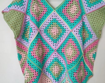 Summer top for women, hand crocheted, multicolored squares