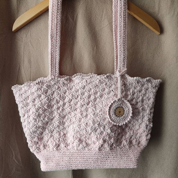 Sac cabas rose pastel en coton et skaï imitation croco rose, fait main au crochet