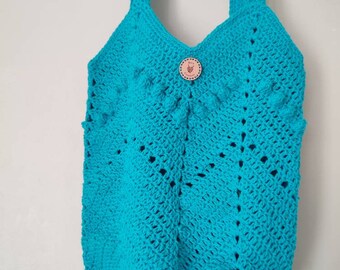 Blue cotton tote bag, handmade crochet