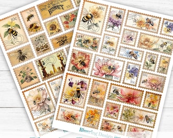 Bees and Flowers Postage Stamps | Printable | Cricut | Scrapbook | Digital Download