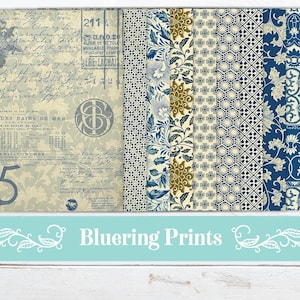 Vintage Blue Paper Pack, Printable Papers, Digital Junk Journal, Junk Journal Kit, Digital Papers, Blue Pattern, Scrapbook Paper