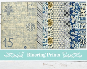 Vintage Blue Paper Pack, Printable Papers, Digital Junk Journal, Junk Journal Kit, Digital Papers, Blue Pattern, Scrapbook Paper