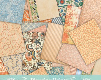 Blue and Peach Paper Pack, Printable Papers, Digital Junk Journal, Junk Journal Kit, Digital Papers, Scrapbook Paper