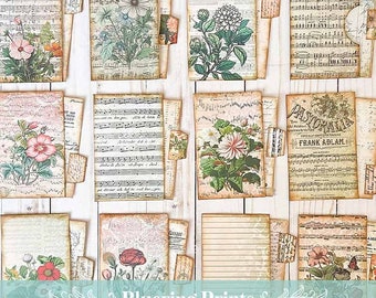 Floral and Music Themed Journal Cards & Pockets, Digital Download, Ephemera, Vintage, Sheet Music