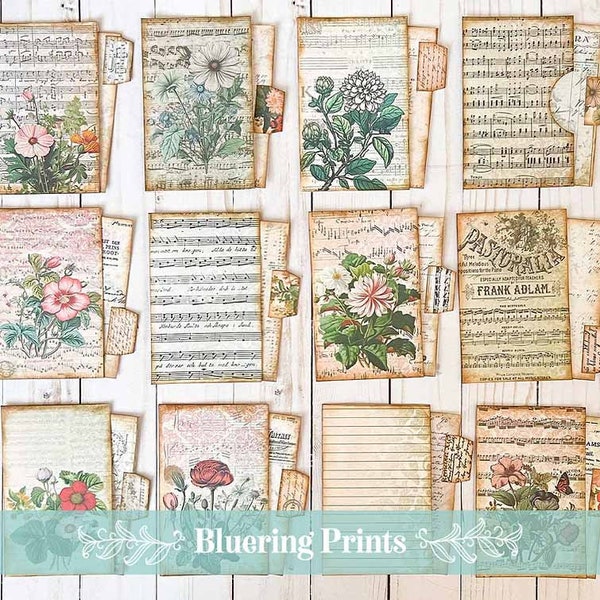 Floral and Music Themed Journal Cards & Pockets, Digital Download, Ephemera, Vintage, Sheet Music