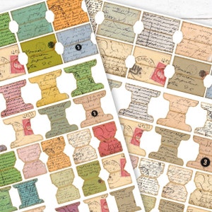 May include: A sheet of vintage-style paper labels with a spool design. The labels are in various colors and feature handwritten text and postage stamps. The text includes "Conner Bureau Department Washington DC" and "Francis CA 95"