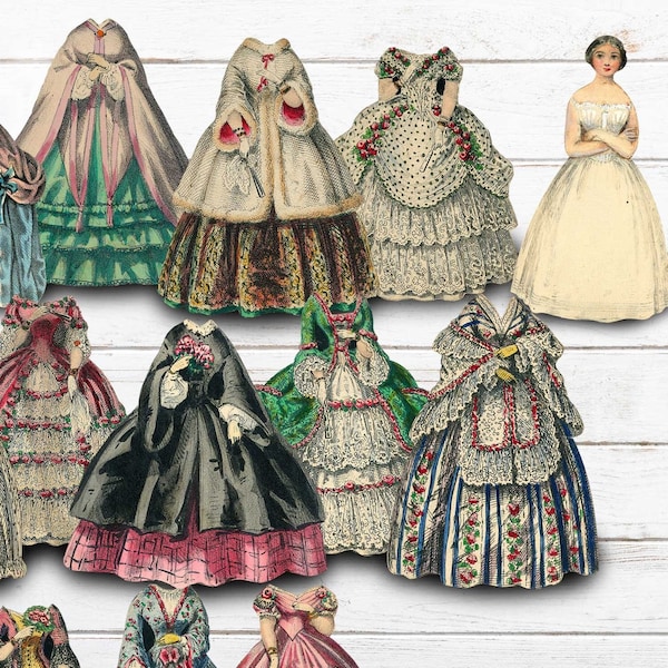 Vintage Paper Doll with 19 Outfits, Junk Journal, Ephemera, Junk Journal Supplies, Outfits, Costumes, Digital Download