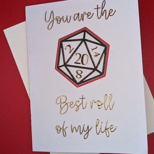 Tarjeta de San Valentín dorada de DnD / Tarjeta de felicitación hecha a mano, nerd, de Dungeons and Dragons para el día de San Valentín, aniversario o cumpleaños