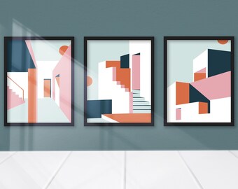 Ensemble d'affiches Maximalism, 3 imprimables téléchargeables, style bohème, graphisme, art numérique, formes géométriques en orange, rose et bleu