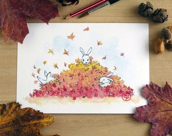 Autumn Rabbits and Leaves - watercolor illustration print - textured paper - A5 and A6 size