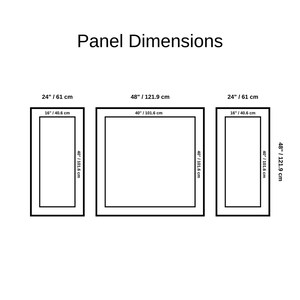 May include: Diagram showing panel dimensions. The text reads "Panel Dimensions". The diagram shows three panels. The left and right panels are 24 inches (61 cm) wide and 48 inches (121.9 cm) high. The center panel is 48 inches (121.9 cm) square.
