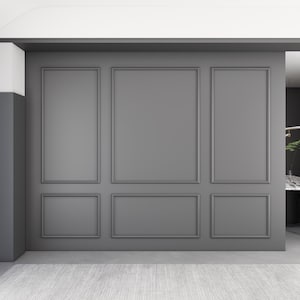 May include: A grey wall with a decorative panel design. The wall is divided into nine sections with raised borders. The wall is in a modern home interior.