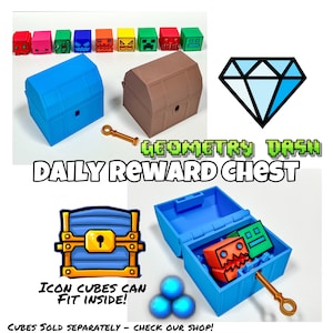 Daily Reward Chest (includes key, gems, & mana orbs - Icon cubes sold separately), 3D printed Geometry Dash Toys, GD Cake Toppers, Geodash