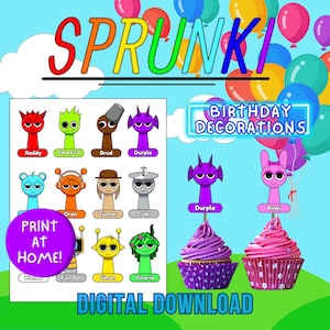 Printable Sprunki Decorations, Digital Download, Sprunki birthday, Cupcake toppers