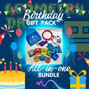 May include: A blue and green birthday gift pack for a Geometry Dash fan. The pack includes a blue chest with a key, a pink headband, a white robot, a blue and green monster, and a variety of colorful geometric shapes. The text "Geometry Dash Birthday Gift Pack" and "All-in-one Bundle" is displayed on the image.