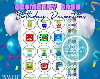 Printable Geometry Dash Decorations, Digital Download, Geometry Dash birthday, Cupcake toppers, party sticker template