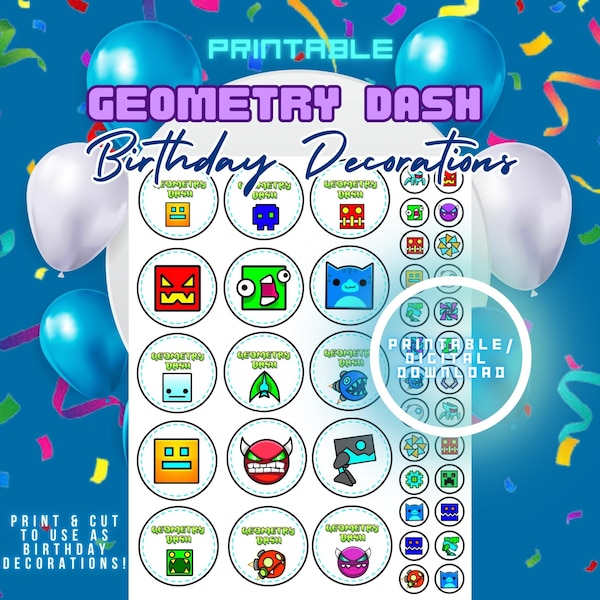 Printable Geometry Dash Decorations, Digital Download, Geometry Dash birthday, Cupcake toppers, party sticker template