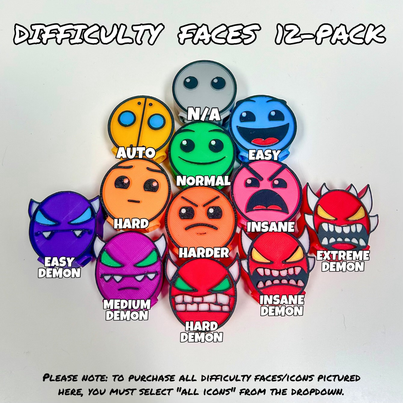 12-pack Difficulty Faces, Geometry Dash toys, 3D printed