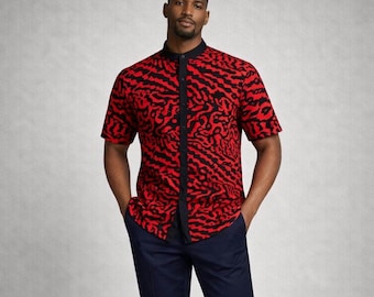 Men's African Print Short Sleeve Shirt - Red Cotton Top