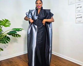 Black and Gray  Bubu Dress: African Caftan dress, inner Tie Waist