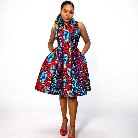 fit and flare knee length dresses party wear African Print Knee-Length Dress with Pockets knee length cocktail dress