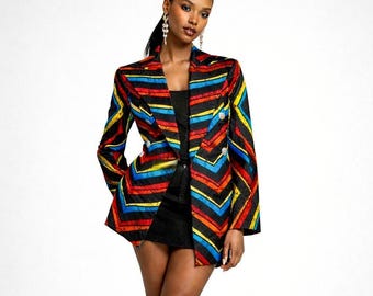 Colorful African Print Ankara Jacket: Double Breasted Party jacket for women.