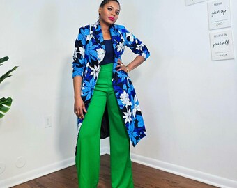 Spring Coat: Ankara print Floral Jacket with Belt; Blue jacket.