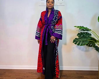Colorful African Print Kimono Duster; Multicolor Ankara Coat