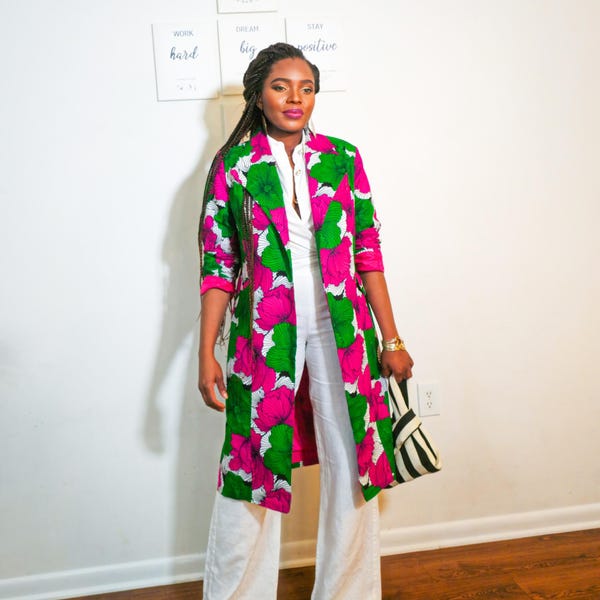 Chaqueta con estampado africano verde y rosa: Chaqueta Ankara; Abrigo midi colorido de otoño.