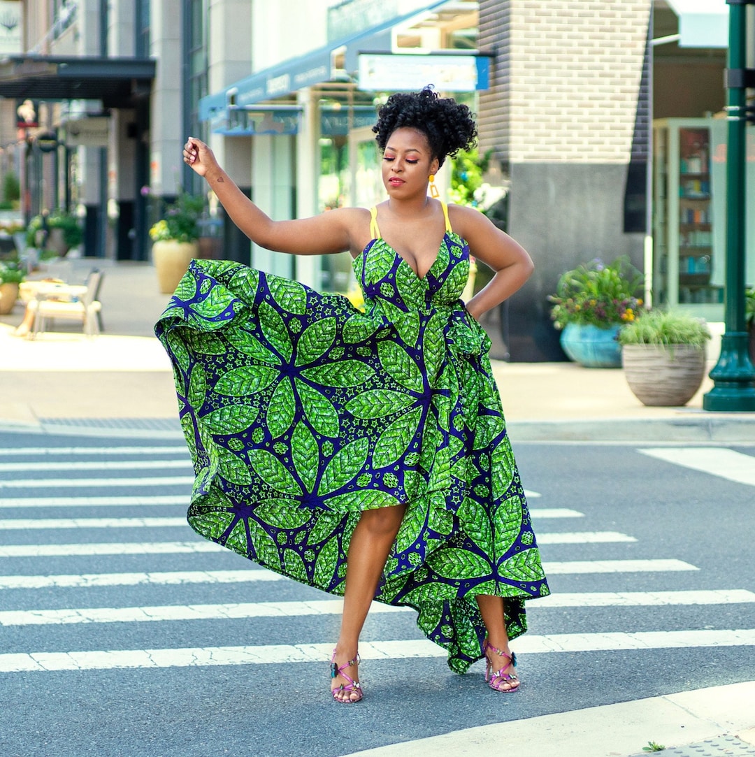 Green Print Wrap Dress. Long Wrap Dress. Danski Dress, African Print