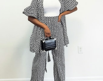 Black and white African Print High Waisted Wide Leg Pants: Ankara Trousers