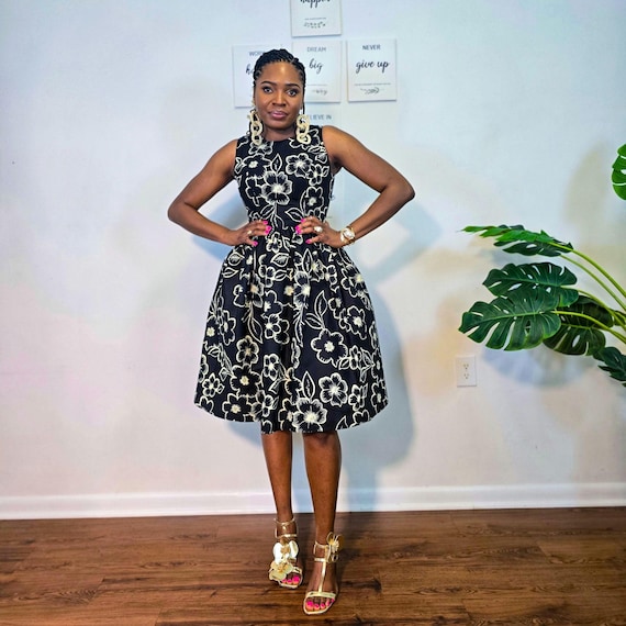 black fit and flare dress knee length African Print Knee-Length with Pockets 062626MD-15%