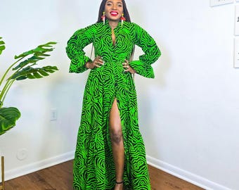 Green African Print Maxi Dress: Ankara Women's Party Dress