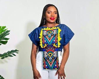 Denim top. Denim print mix crop top. Women&#39;s top. Loose fit top. Multicolor crop top