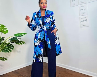Blue Floral African Print Jacket: Colorful Lightweight midi Coat