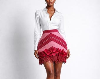 Asoke Mini Skirt: Pink Red Beaded Fringe, 3D Petal Hem