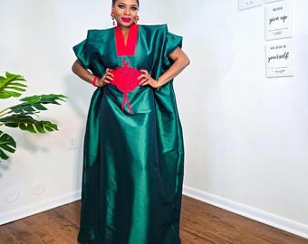 Green and Red Boubou Dress: African Caftan dress, Tie Waist