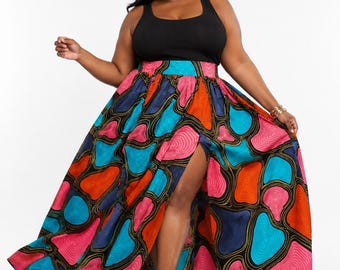 Ankara Print Maxi Skirt: Multicolor African Fabric, Slit Detail