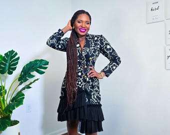 AfricanPrint black Blazer Dress: Double-Breasted African Jacket