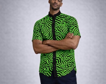 Men's African Print Shirt, Short Sleeve Green Button Down