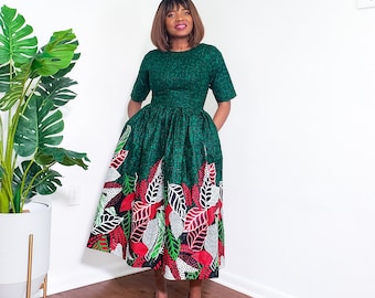 African print women's dress. Ankara dress midi African dress cultural gift for her, gift for sister,gift for friend for wife Green dress