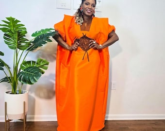 Orange Boubou Dress: African Caftan dress, Tie Waist