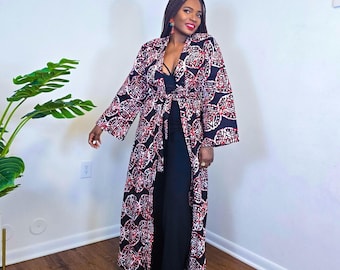 Kimono largo de algodón con estampado africano: Chaqueta larga estilo bohemio