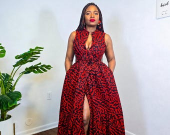 Red African Print Maxi Dress: Ankara Women's Party Dress