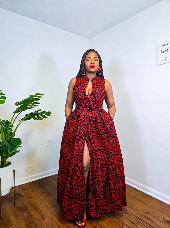red and black maxi dress Chiffon Maxi Dress with Floral Patchwork in Black and Red