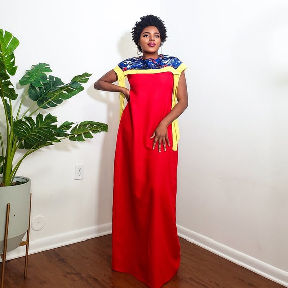 red color block dress Color Block Ankara Dress: Long Red Crepe Maxi Dress