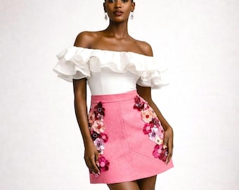 Pink 3D Floral Beaded Mini Skirt – Asoke Cotton Fabric