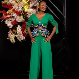Green Wide Leg Jumpsuit: Ankara African Print, Tie Sleeves