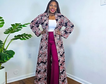 Kimono largo de algodón con estampado africano: Chaqueta larga estilo bohemio